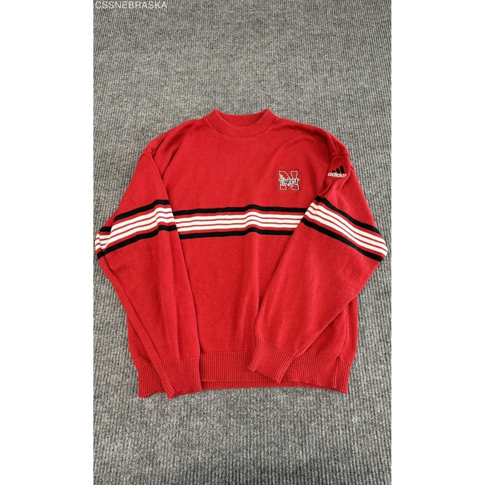 Adidas Red Vintage Nebraska Cornhuskers Sweater Men Knit Striped Crewneck Red- M